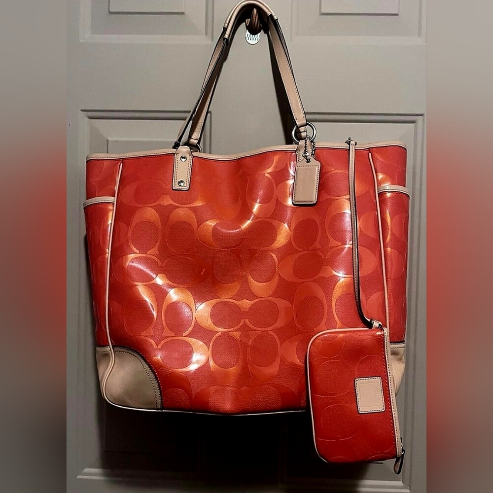 2 COACH Large Designer Peyton Signature Red Orange Tote Bag Purse Bag + Pouch